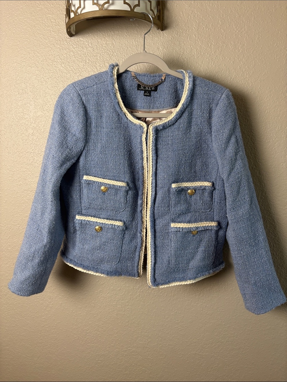 J.Crew Frances Lady Jacket Maritime Tweed Light Blue Cream Trim Size 10